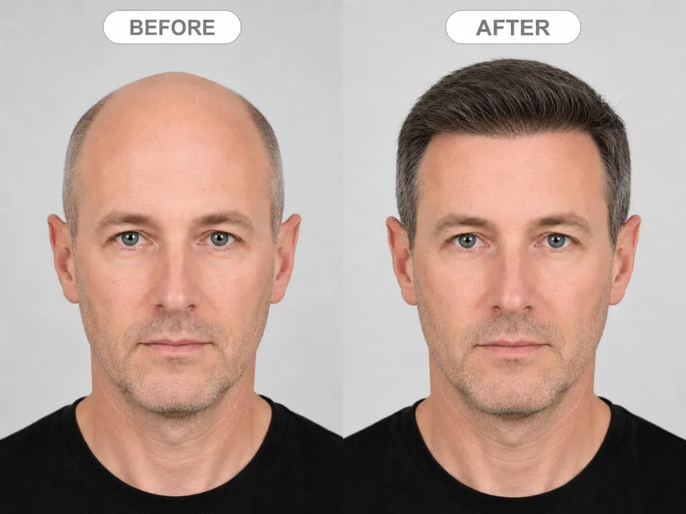 Vorher und nachher einer Haartransplantation: derselbe Mann mit zurückweichendem Haaransatz und mit wiederhergestelltem Haar